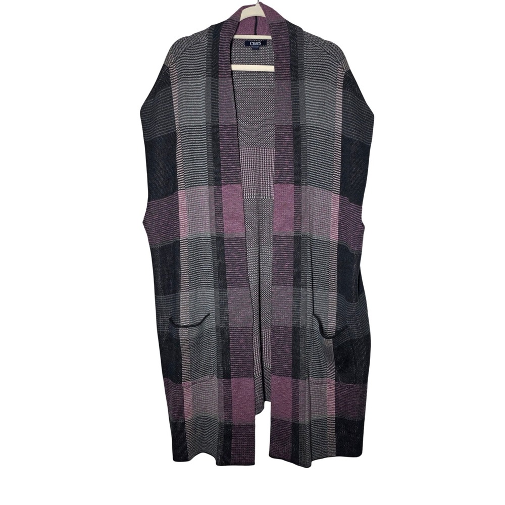 Chaps Womens 2X Purple Plaid Longline Open Front Sweater Vest Duster Pockets